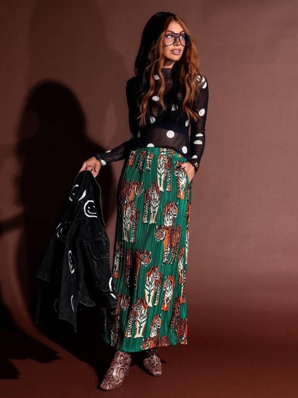 Dressed in Lala Santorini Midi Plisse Pleated Skirt in Green Tiger Tales Print - Picture 3 of 12